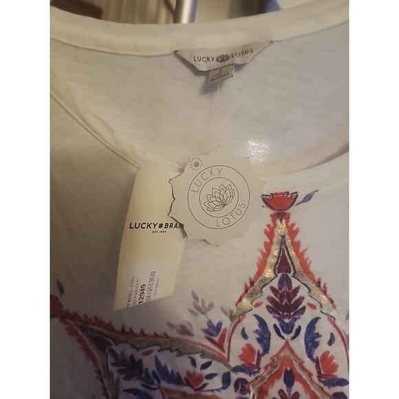 Lucky Brand Lotus Women Tunic Top Tee Small Geometric 3/4 Sleeve Beige Boho A120 - Picture 3 of 6